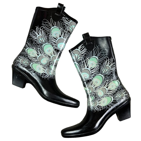 Dav Rainboots Women's Size 7 Peacock Print Western Style Waterproof Rubber Boots - Picture 2 of 7